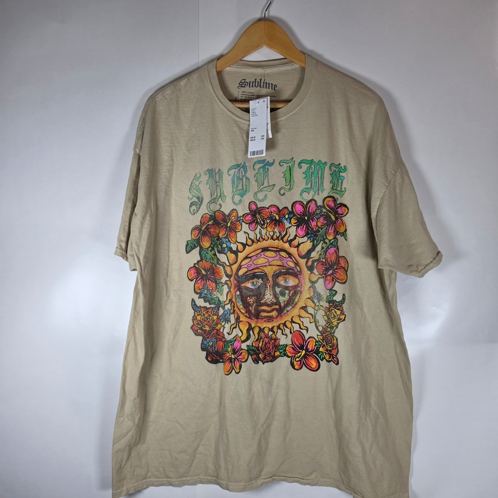 Sublime Mens Sun Logo Floral Band Graphic T-Shirt Tan Sand S/M NWT
